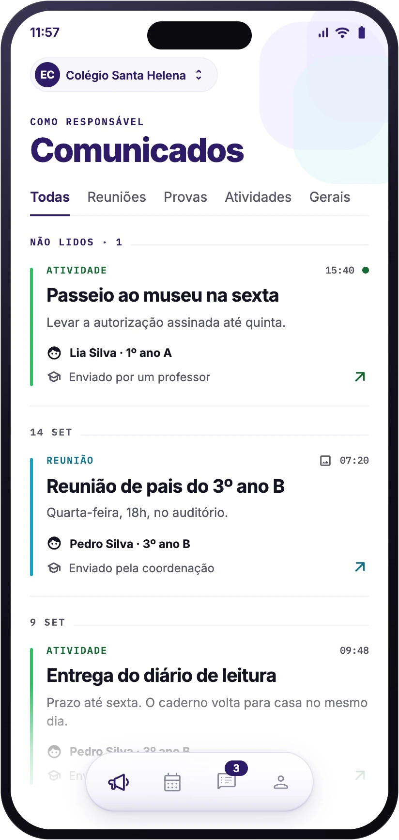 Tela de comunicados do tôSabendo no celular da família