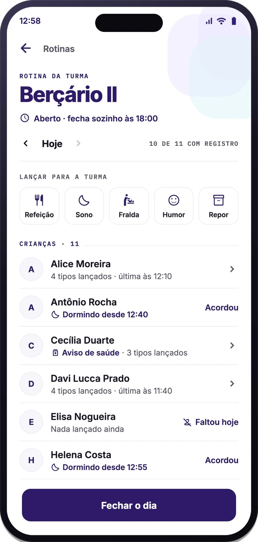 Rotina da turma Berçário II: refeição, sono, fralda e humor lançados por criança, com quem está dormindo e quem faltou hoje